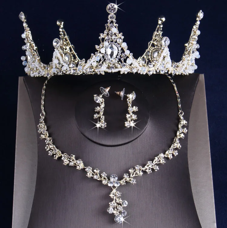 

High end bridal chain light gold bride round crown wedding necklace earrings sets
