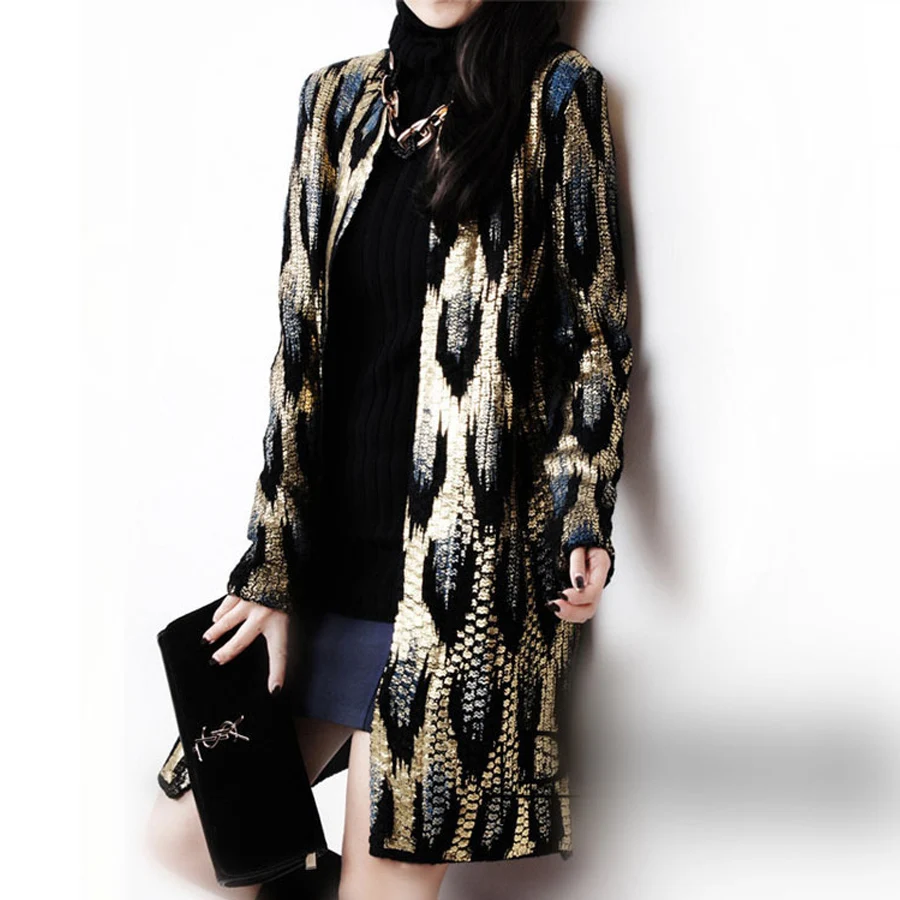 2015 Autumn New The peacock printing Knitting Long Cardigan Ladies Sweater Women Coat Outwear Snake Pattern Bronzing Tops
