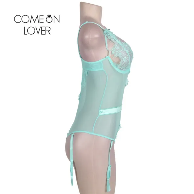 Comeonlover Eyelash Lace Sexy Transparent Bodysuit See Through Club Wear Plus Size Black With Garter Backless Bodysuit RI80266