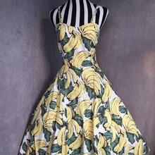 30-летние женские винтажные 50s рокабилли пинап желтый банан Спагетти ремень миди свободное платье размера плюс сарафан vestido jurken