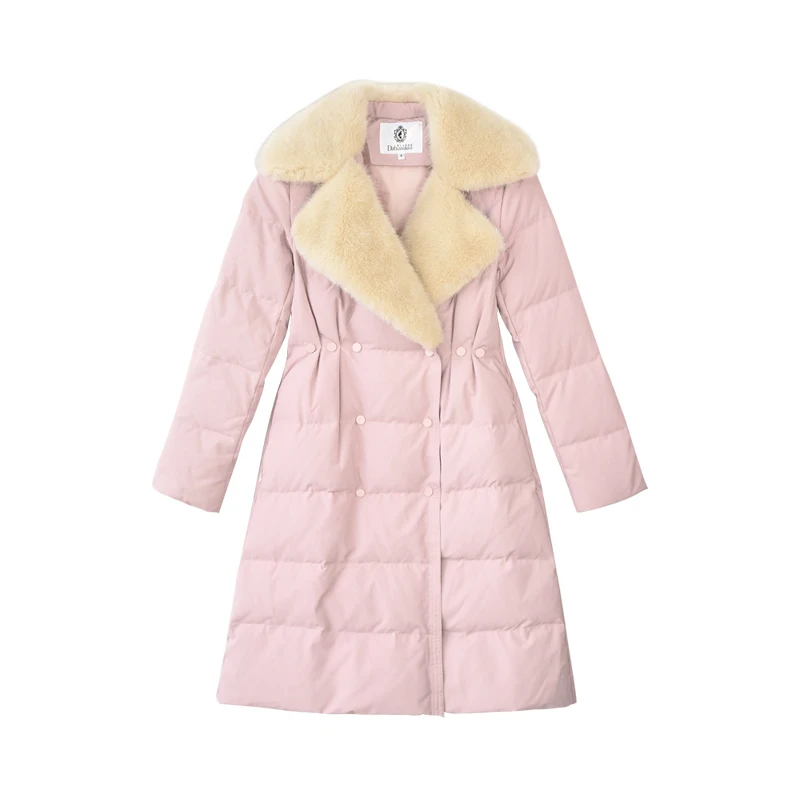 Dabuwawa Turn Down Collar Fur Winter Women Long Coat White Duck Down Green Pink Thick Warm Outerwear Down Jacket Streetwear