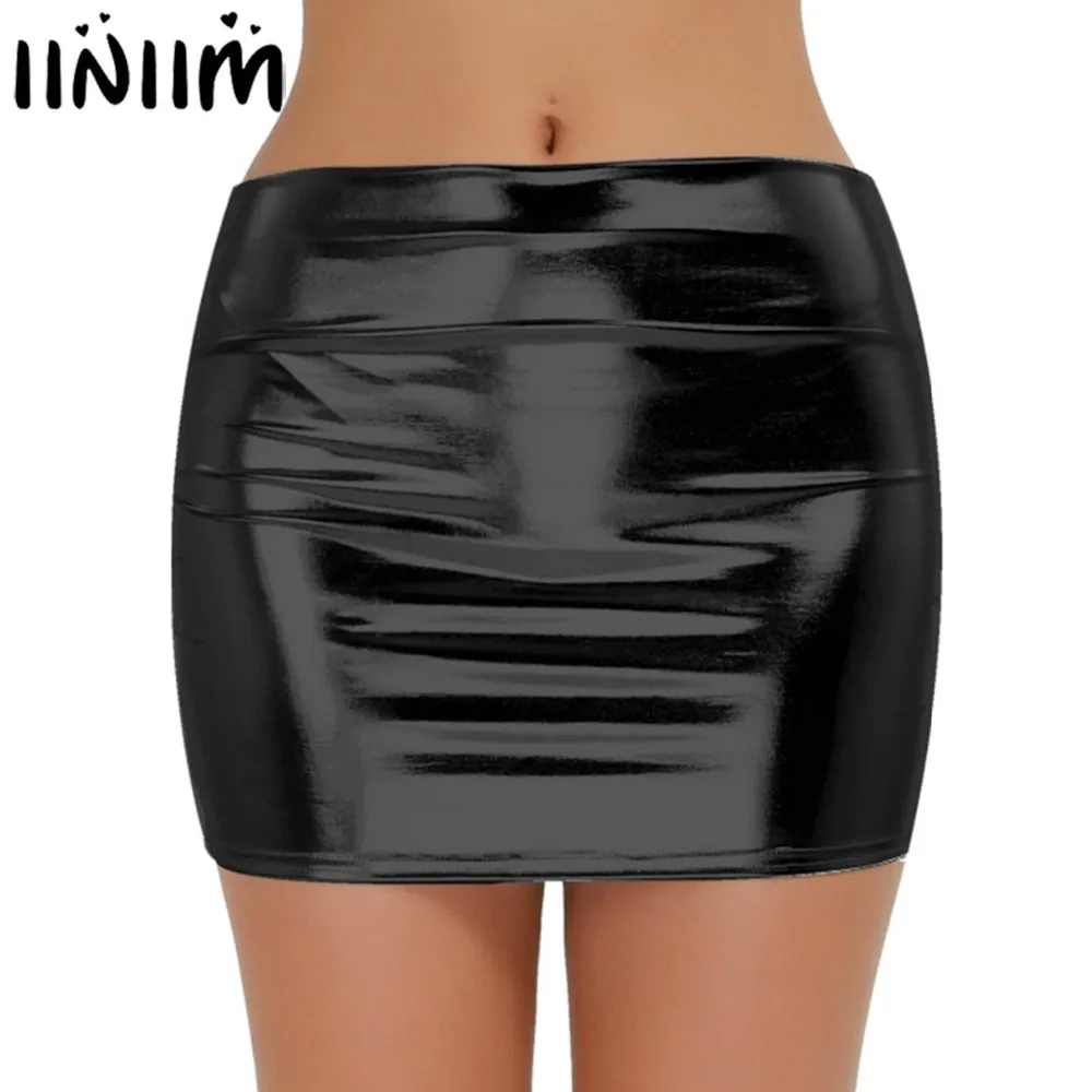 

iiniim Sexy Womens Femme Evening Clubwear Shiny Snug-fitting Patent Leather Wetlook Mini Skirt Cocktail Costumes Skirts