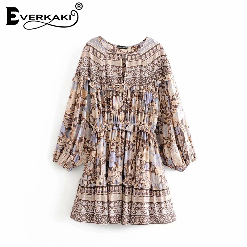 Everkaki Boho Gypsy мини-платье для женщин с оборками и круглым вырезом, с длинным рукавом, богемное женское платье, лето-осень