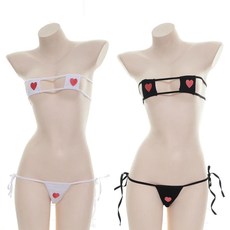 

Sexy Women Kawaii Lingerie 2PCS Set Heart Embroidery Bra and Panty G-string Panties Shimapan Bows Tie Bikin Cute Exotic Apparel