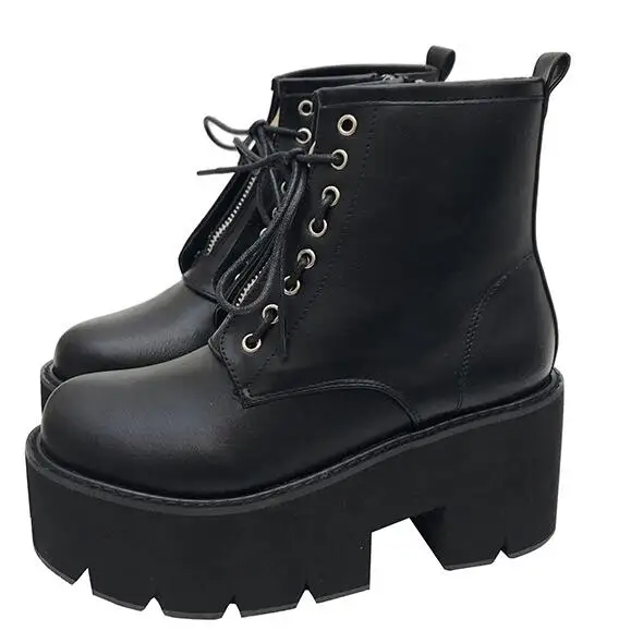 Ботинки в стиле панк на шнуровке; botines mujer; ботильоны на высоком каблуке; зимняя обувь; мотоботы; женские водонепроницаемые зимние ботинки; YMA488 - Цвет: Черный