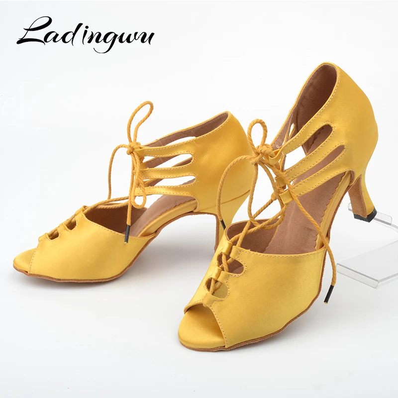 Ladingwu New Girl Dance Shoes Floral Satin Lace-up shoes Latin Dance Shoes Women Samba Party Ballroom Soft Bottom Shoes Size