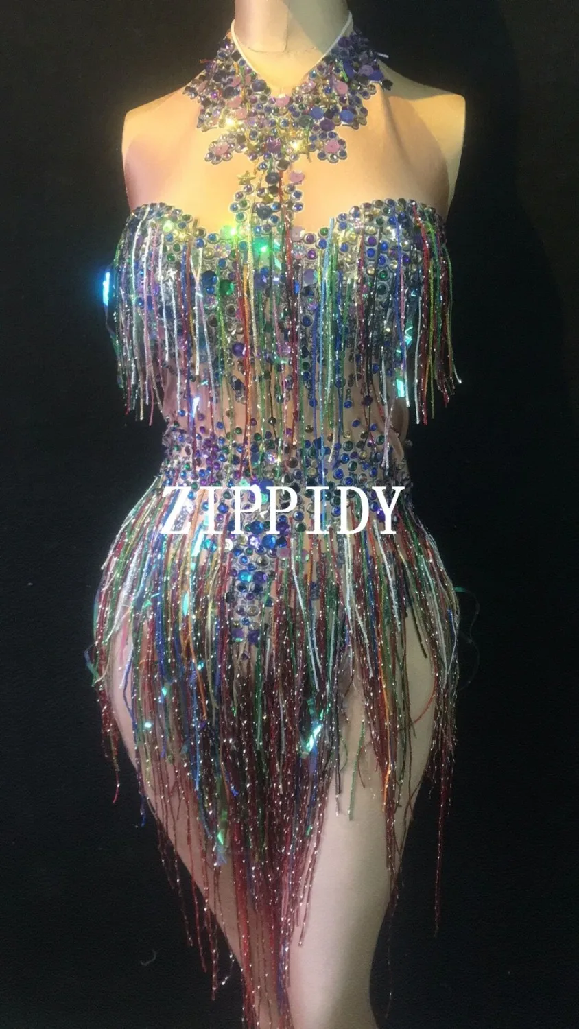 Bodysuit Women Stage Dance Costume Nightclub Dance Female Singer Show Bright Leotard Colorful Fringes Rhinestones 