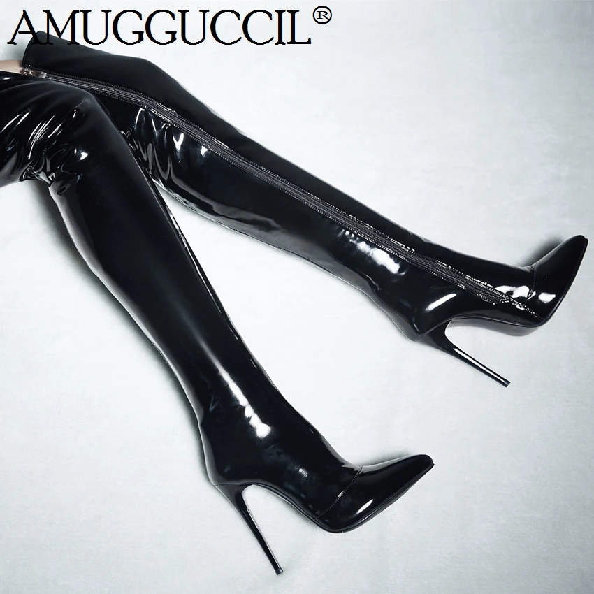 Tanie Wysokiej jakości Plus duży rozmiar 33 44 czarny czerwony biały Zip 12CM szpilki Sexy Over The Knee zakolanówki jesienne zimowe buty damskie X1529