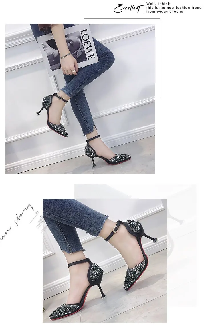

High-heeled shoes female 2019 new Eur&usa Korean women's shoes tide sequins pointed shoes stiletto fashion large size one button