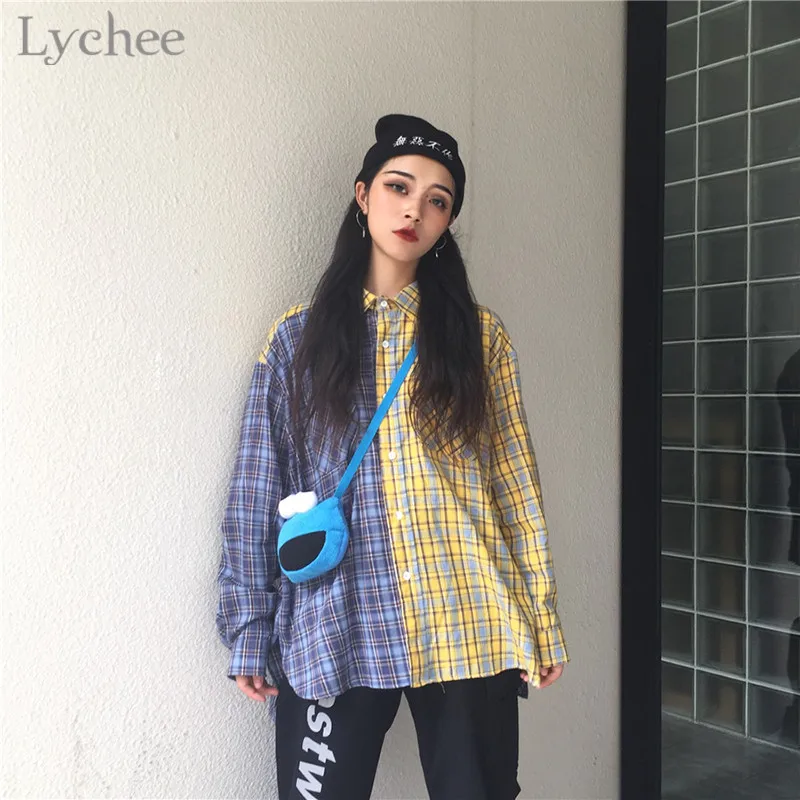Lychee Harajuku клетчатая женская блузка пэчворк хит цвет Повседневная Свободная с