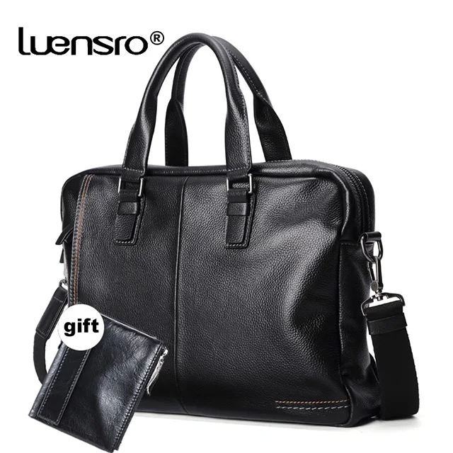 LUENSRO модный мужской портфель из натуральной кожи, мужские деловые сумки, черные Офисные Сумки для мужчин, сумка для ноутбука через плечо - Цвет: black