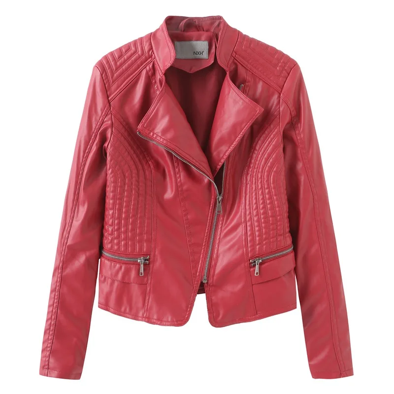 NXH faux leather jackets women Turn-down Collar moto biker jacket plus size women coat spring autumn fashion streetwear skyblue