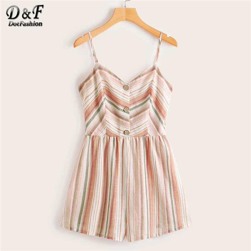 

Dotfashion Button Front Striped Cami Romper Women 2019 Summer Casual Sleeveless Clothing Ladies Boho Wide Leg One Piece Playsuit