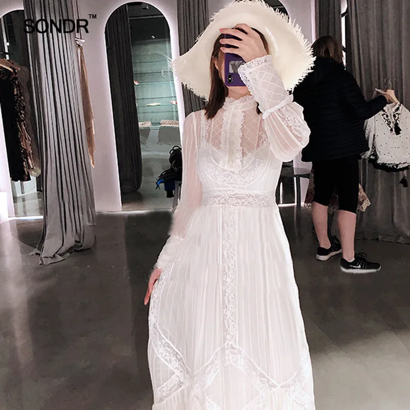 

SONDR Embroidered Chiffon Dress Female Stand Collar High Waist Long Sleeve Elegant Pleated Dresses Women 2019 Spring Summer New