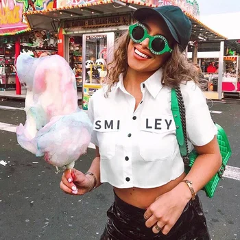 

2019 New Casual Women White Blouses Letters Pattern High Waist Short Shirt Ladies