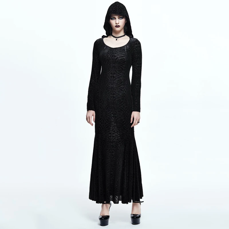 

Devil Fashion Gothic Dark Embroidery Stretch Hooded Dress Steampunk Witches's Long Dresses