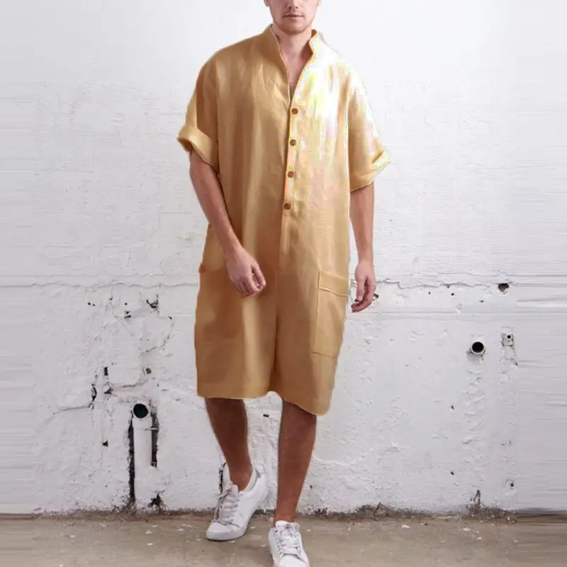 Laamei Casual Men Pants Rompers Solid Jumpsuit Leisure Button Loose Pockets Trousers Men Overalls Muslim Islamic Streetwear