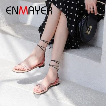 

ENMAYER Genuine Leather Basic Casual Women Shoes Ankle Strap Solid Flat Sandals Summer Fashion Shoes Size 34-40 LY2133