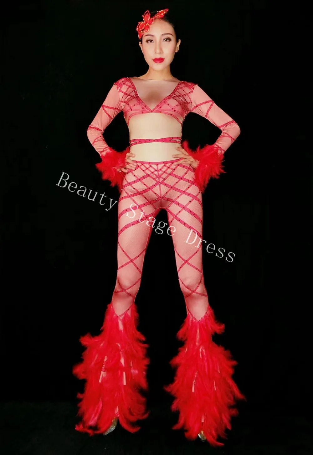 Красный Стразы повязку с растягивающийся костюм сексуальное боди с перьями певица наряд ночной клуб Для женщин праздничная одежда