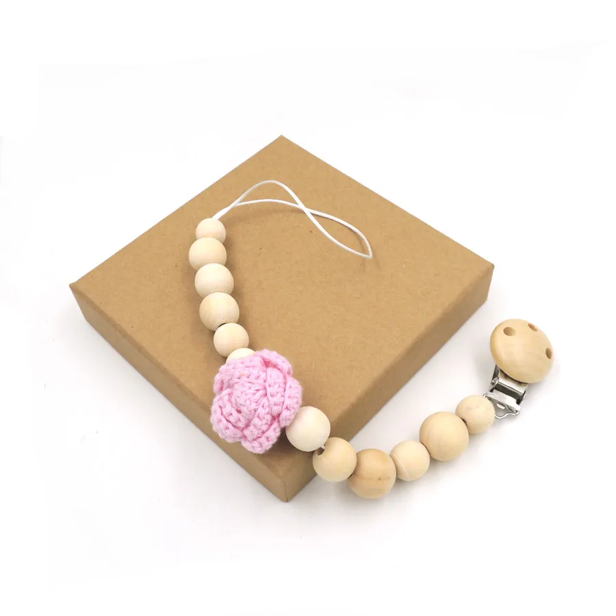 3 pcs Natural wooden soother clip,16mm wood beads handmade crochet flower dummy chain teether, pacifier clip baby gift set NT181