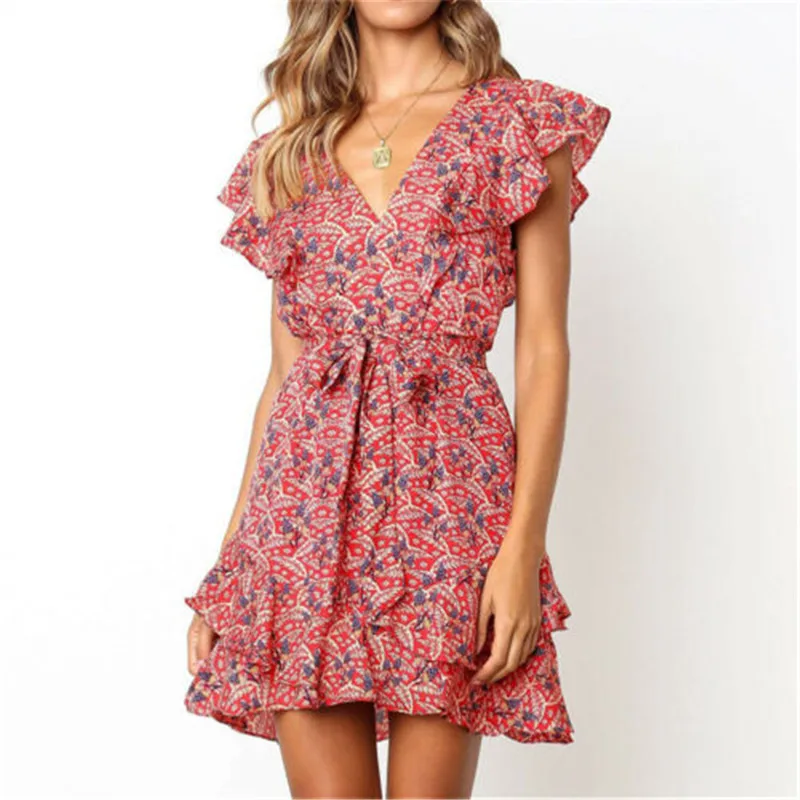 

Retro Boho Mini Dress For Women Summer Sexy A Line Red Print High Waist Sashes Dress Short Sleeve Pleated Mini Beach Dress Women