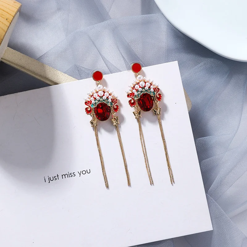 

Vintage Peking Opera Facebook Tassel Earrings Pearl Crown Rhinestone Long Earrings Chinese Style Retro Jewelry For Women