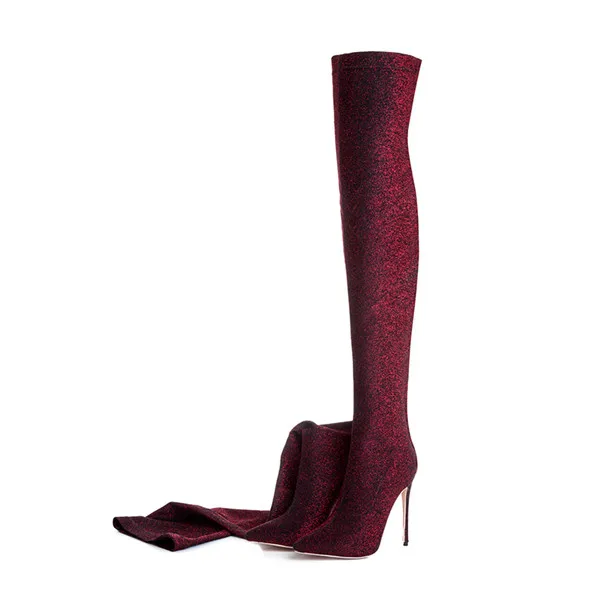 Mcacchi/новейшая модель; роскошные сапоги до колена с острым носком и стразами; пикантные сапоги на тонком высоком каблуке; женские высокие сапоги из блестящей ткани, расшитые блестками - Цвет: Red