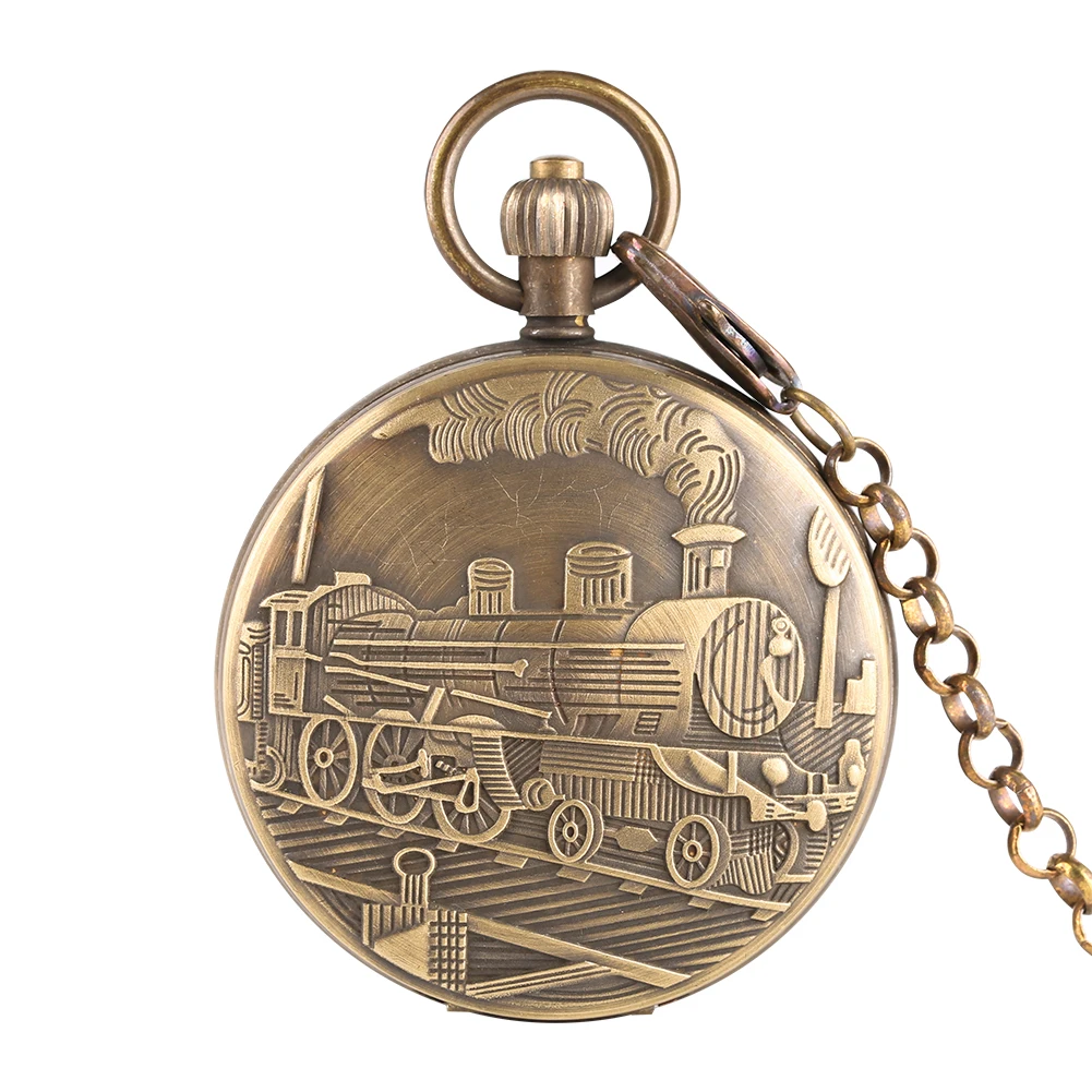 Механические карманные часы для мужчин, паровой поезд, узор, часы для мальчика, золотой скелет, с автоматическим заводом, ожерелье, цепь, часы