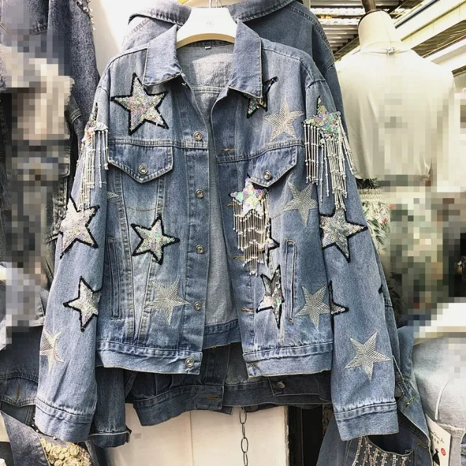 

New Spring Women Heavy Shiny Pentagram Embroidered Sequins Denim Jacket Student Girls Beaded Fringed Cowboy Jacket Female Jeans