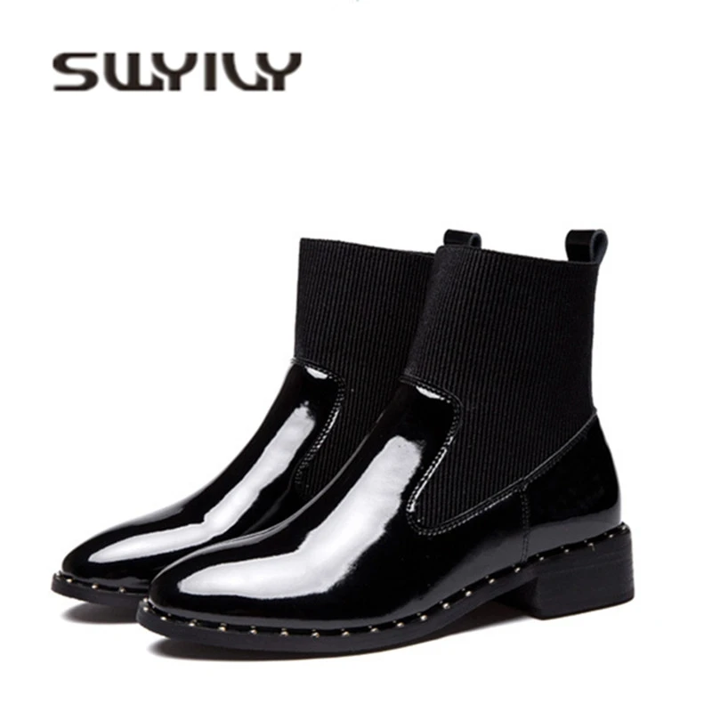 

SWYIVY Mirror Black Woman Chelsee Boots Patchwork Knit 2018 Autumn New Female Elegant Genuine Leather Boots Shoes Rivet Fashion