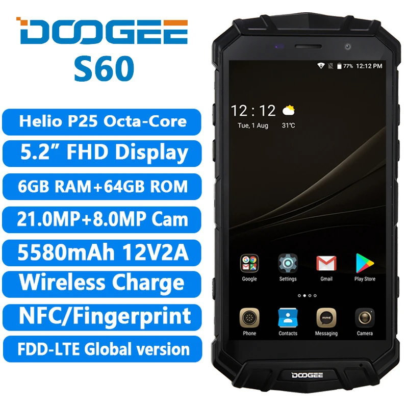 Doogee S60 6 ГБ 64 Гб IP68 водонепроницаемый беспроводной заряд Android 7,0 5,2 дюймов FHD 4G LTE смартфон MTK Helio P25 Восьмиядерный NFC OTG