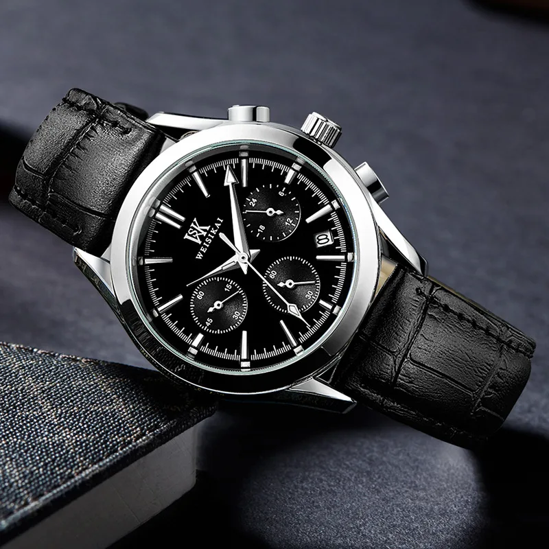 

WEISIKAI Luxury Men's Watch Unisex Quartz Watches Men Genuine Leather Time Module Man Clock Auto Date Business Casual Wristwatch
