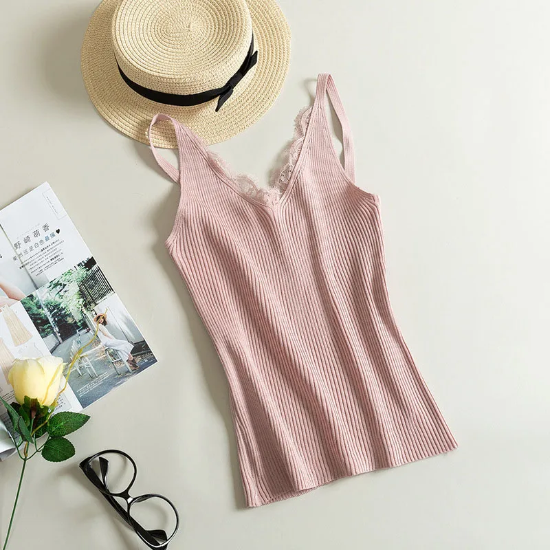 

Summer Tank Tops Women V Neck Strap Lace Top Sexy Female Slim Fit Knitted Lace Camis Top
