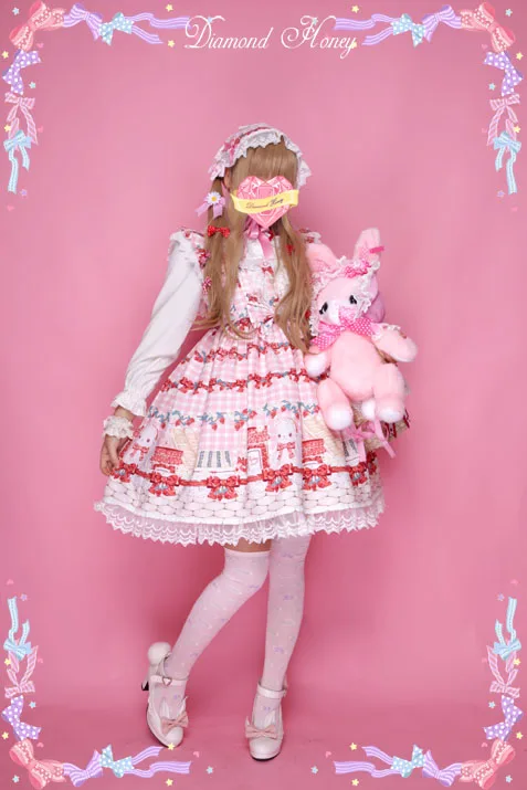 Клубничный Кролик Женская Лолита JSK Платье милое летнее кружевное платье без рукавов на бретелях цельное розовое и красное