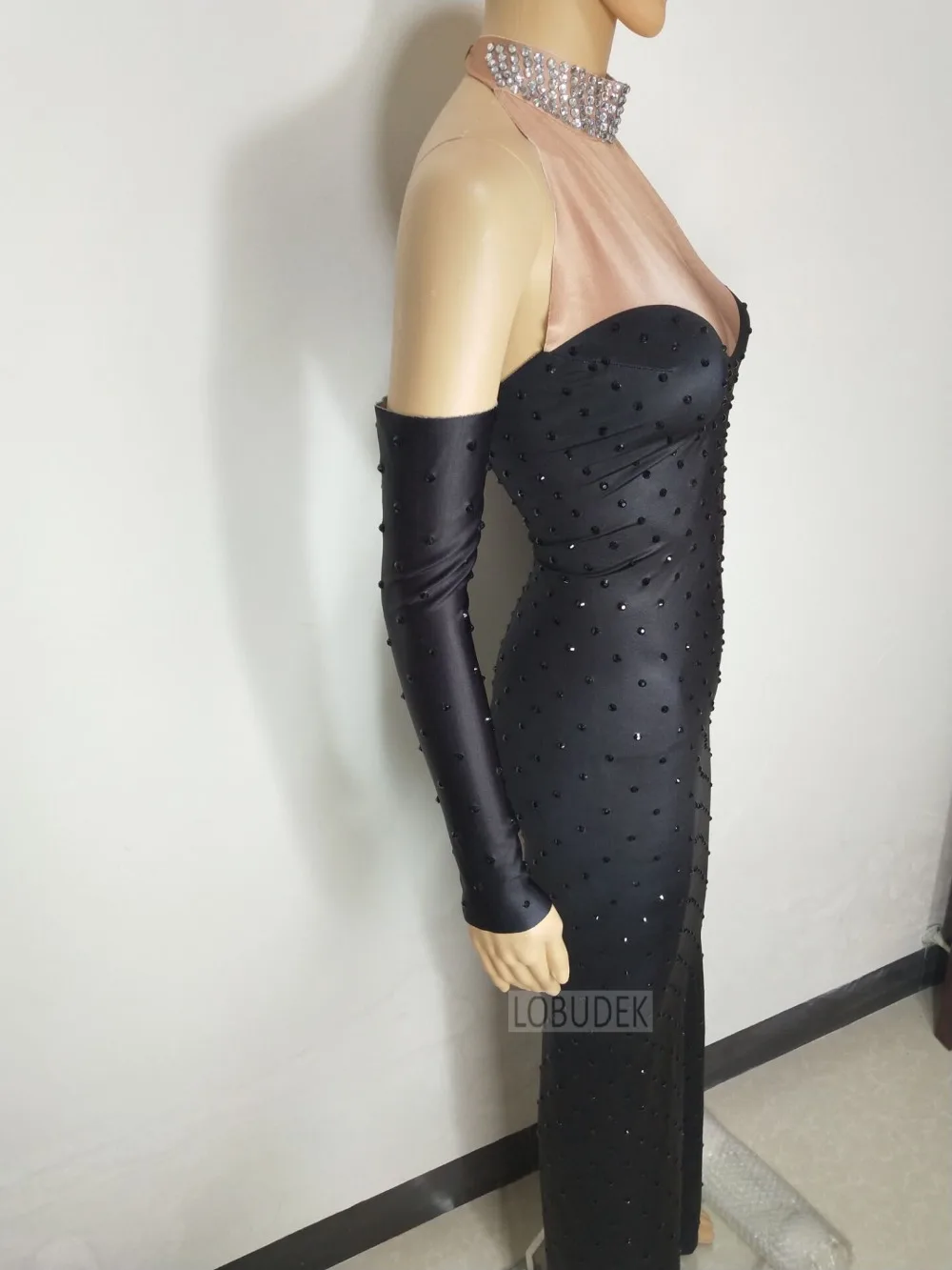 Negro completo diamantes de imitación del paquete de la cadera vestido fiesta de una pieza vestido de discoteca DJ cantante anfitrión rendimiento traje - 4