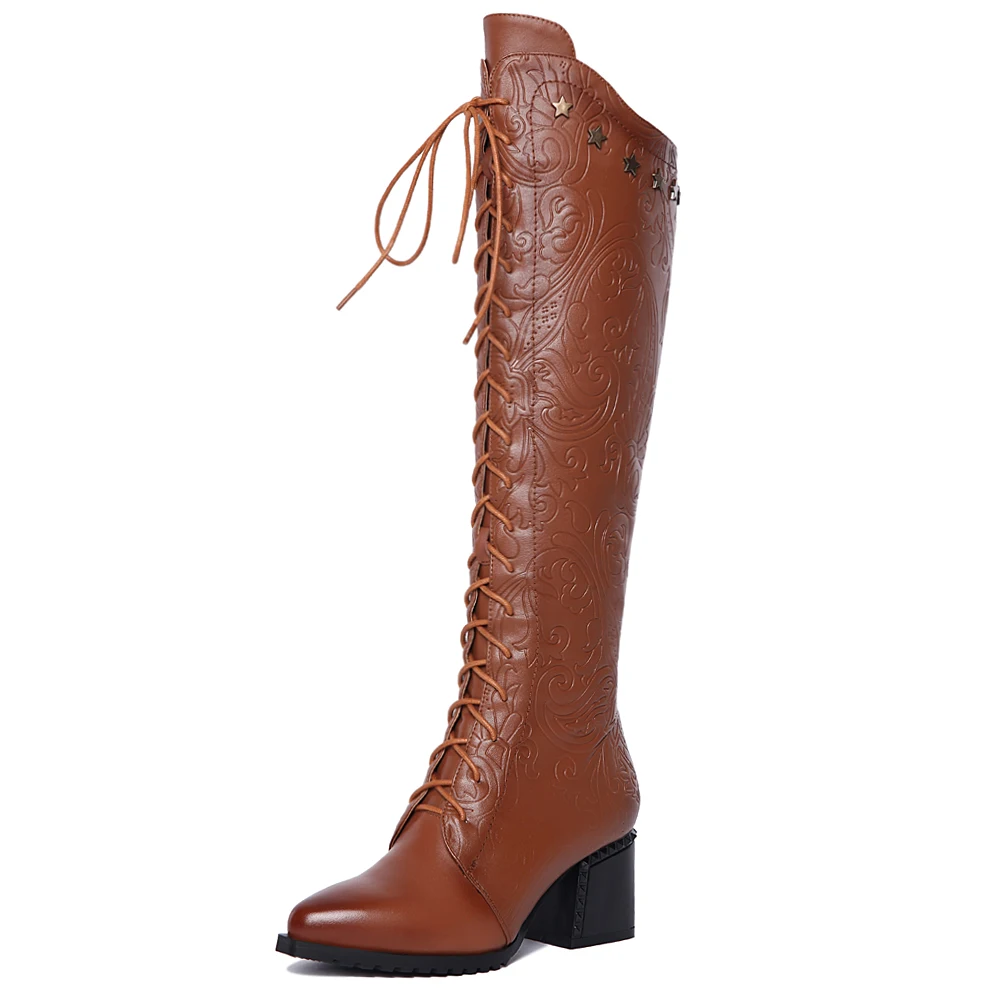 Women Knee High Boots Genuine Leather Shoes Woman Fashion Pointed Toe