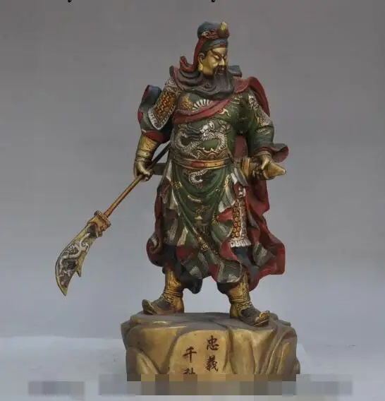 

S01227 17"Chinese Bronze Gilt Painted Dragon GuanGong Guan Yu Warrior God Sword Statue B0403