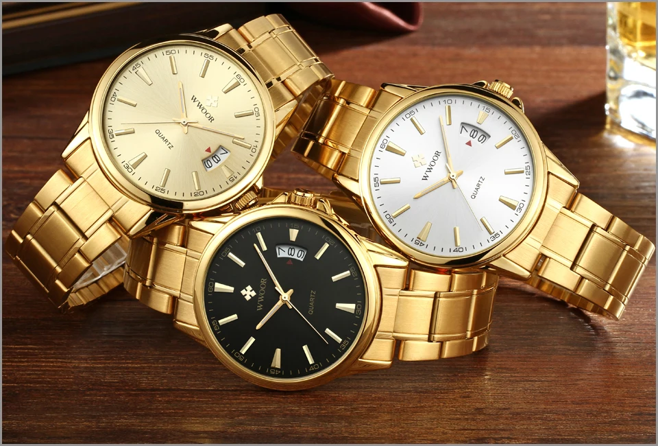 WWOOR Gold Men Watch Brand Waterproof Mens Watches Date Stainless Steel Quartz Clock Male Wristwatch Free Watchband Tool 2018 (1)