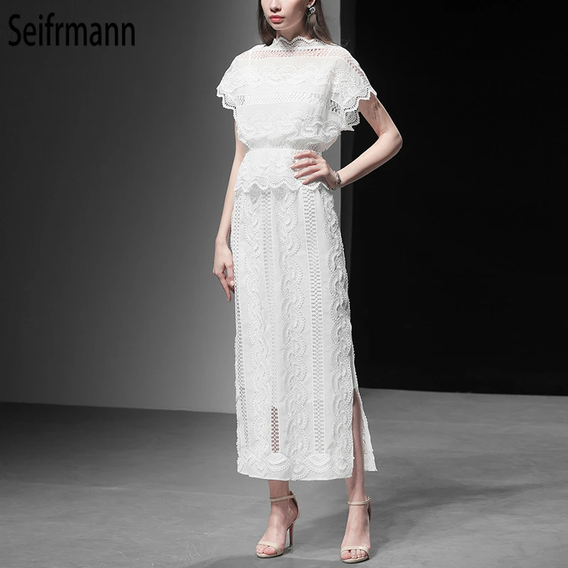 

Seifrmann New 2019 Women Spring Summer Dress Runway Fashion Designer Gorgeous Lace Hollow Out Ruffles Elegant Party Long Dresses