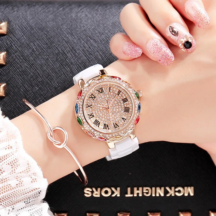 

2017 Fashion Brand Ceramic Women Bracelets Watches Luxury Lady Colorful Rhinestone Wristwatch Full Diamond Crystal Dress Watch