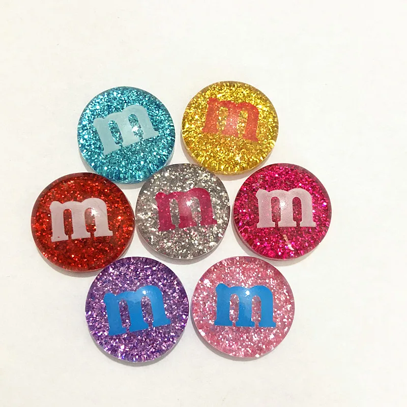 

New 50pcs 18mm resin translucent letter M beads bright powder flat back convex round scrapbook phone wedding / craft multicolor