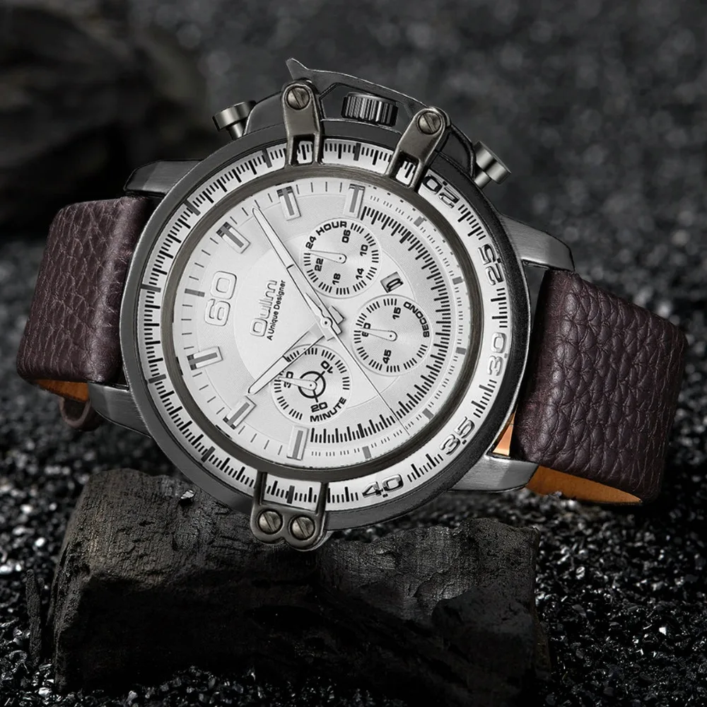 

OULM Fashion Casual Sports Quartz Watch Men Analog Clock Brown Leather Strap Top Brand Luxury Calendar Wrist Watches for Man
