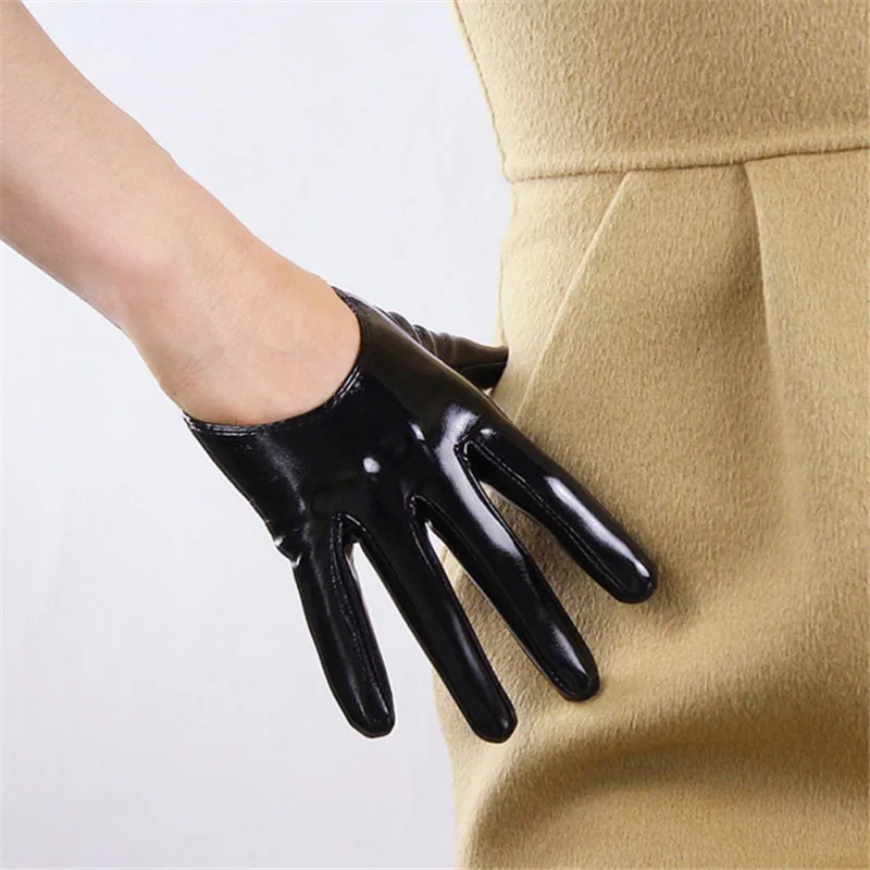 

13cm Patent Leather Ultrashort Gloves Emulation Leather Bright Leather Wild Ultra-Fashion Bright Black Female 2019 New WPU86