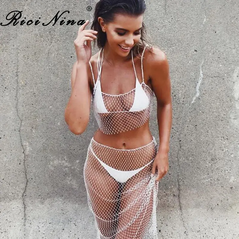RICININA Fashion Off Shoulder Beach Dress Woman Sexy Backless Copped Summer Mesh Dress Casual Party Dress Vestidos Two Piece RICININA Fashion Off Shoulder Beach Dress Woman Sexy Backless Copped Summer Mesh Dress Casual Party Dress Vestidos Two Piece