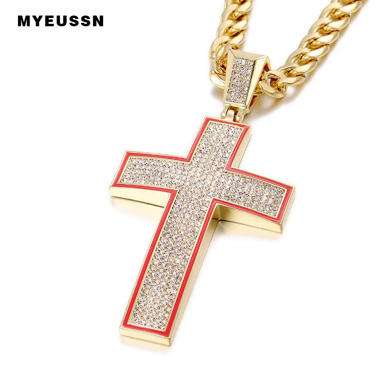 

Rhinestone Cross Necklace&Pendant Full Iced Out Black/Red Stripe Charm Necklace With cuban Chain For Men Father's Day Gift