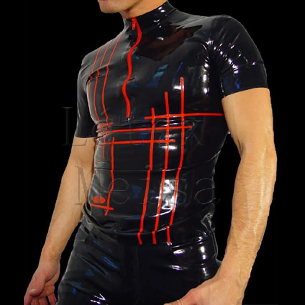 

Novelty 0.4mm thickness natural black latex blouses high neck design with front zip for men