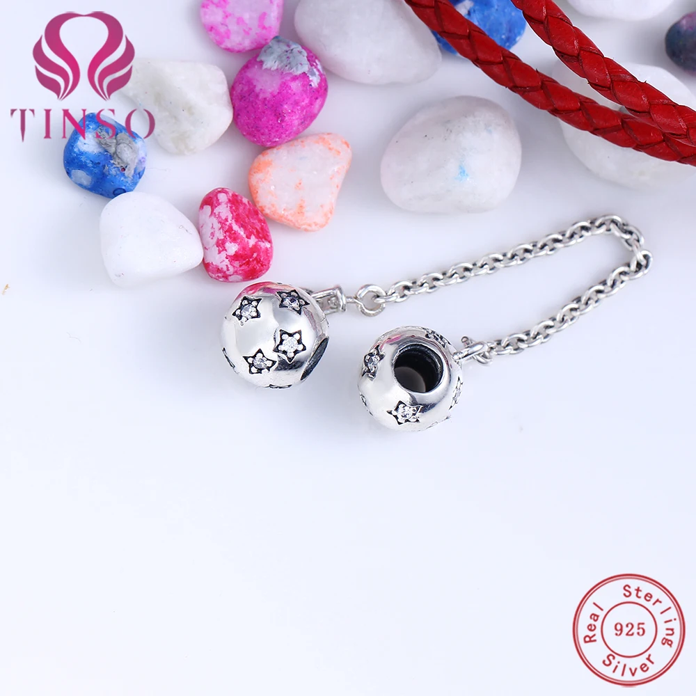 

TINSO 100% 925 Sterling Silver Star Safety Chain Charm Beads Fit Original Pandora Bracelet Authentic S925 Fine Jewelry DIY