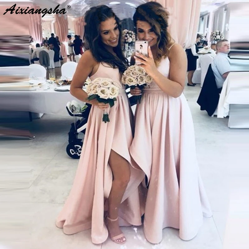 Сексуальные розовые атласные 2019 платья подружки невесты на тонких бретельках без рукавов, высокая пройма кантри Свадьба Гость vestidos de fiesta de