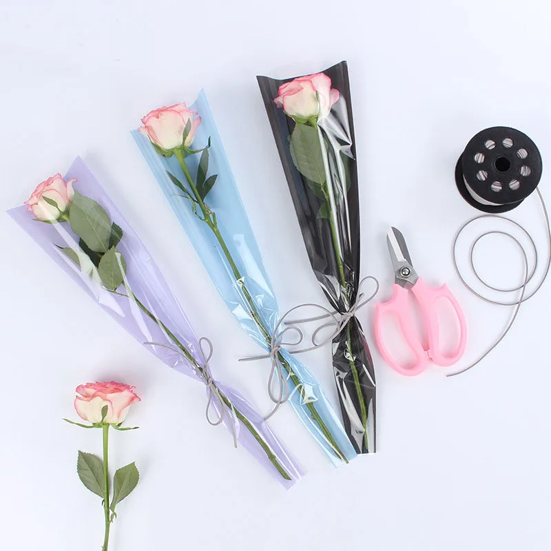 

50pcs/lot Wrapping Paper for Flower Rose Single Plastic Opp Bag Florist Bouquet Packaging Material Wedding Party Decoration