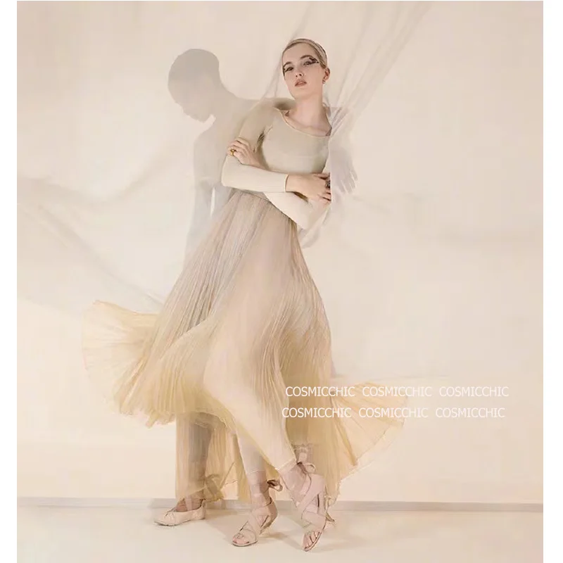 

Cosmicchic 2019 Runway Designer Women High Waist Pleated Maxi Skirt Pink Long Tulle Skirt Lolita Saia Jupe Faldas Haute Couture